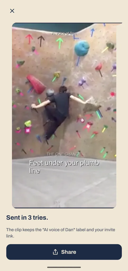 The Dan Beta app showing a climber's own clip on a corner problem, with the one change written on it: feet under your plumb line.